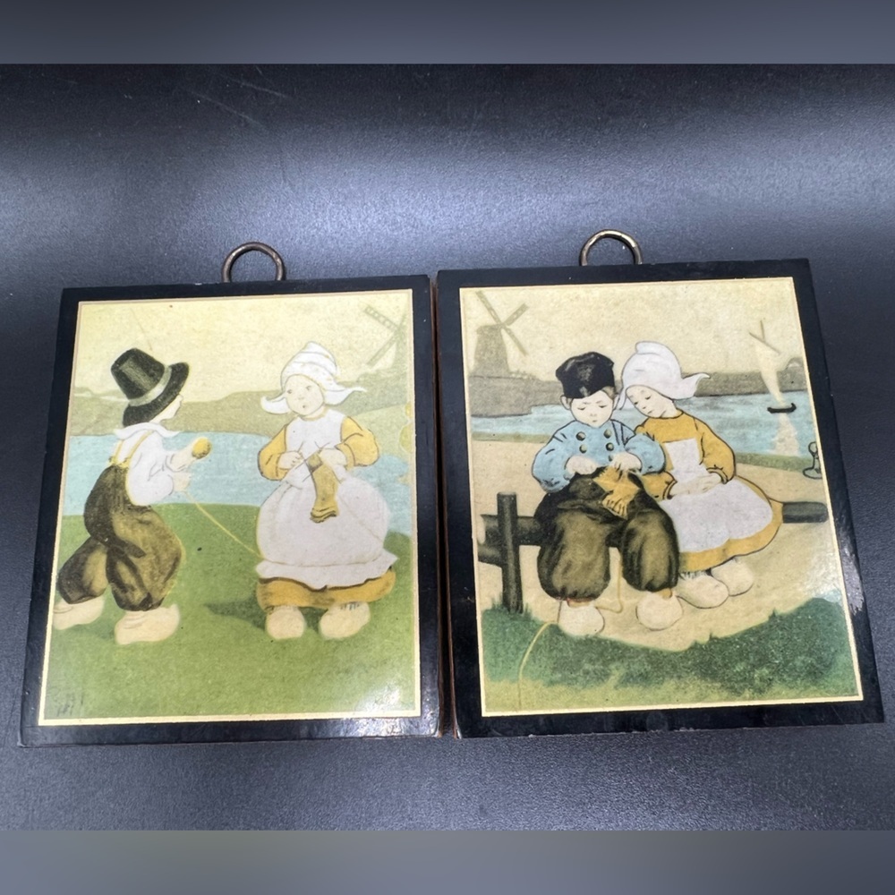 Little Dutch Boy and Girl Vintage Tiny Lacquered Prints on Wood Windmill